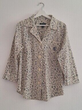 NWOT Ralph Lauren Printed Pajama-Style Button Front Top in Cream & Navy